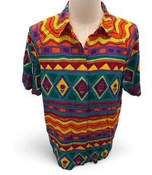 Vintage Vansford II Colorful Geometric Pattern Silk Short Sleeve Button-Down Shi